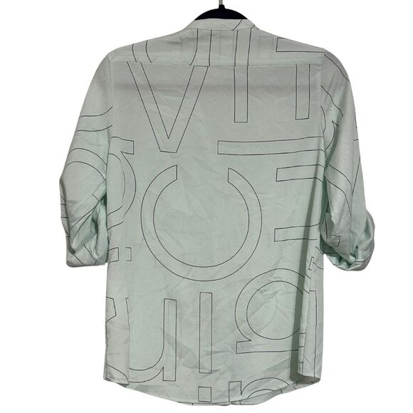 CALVIN KLEIN Printed Logo Long Sleeve Button Down Blouse Mint Green Black NWT XS - Picture 4 of 6